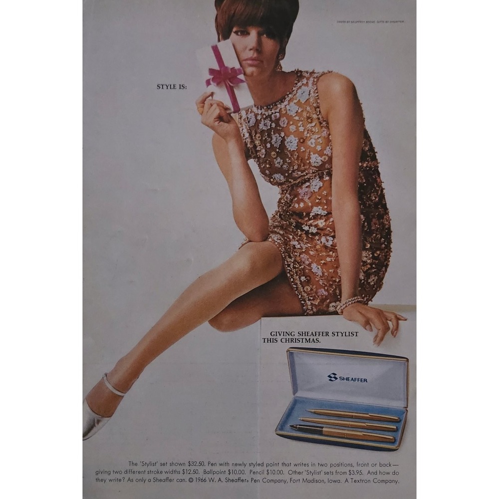 Vintage 1966 Sheaffer Stylist Pen Set Magazine Ad Christmas Mod Fashion Print